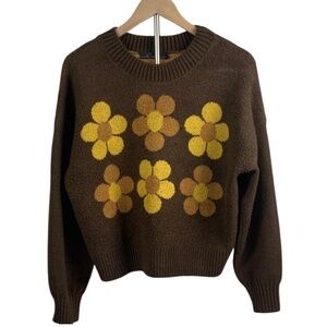 Crimson Brown Floral Motif Sweater Women’s L Vintage Retro 70s Boho Casual Y2K